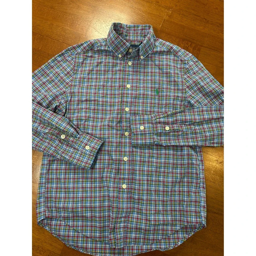 Ralph Lauren Button Down Boys M 10-12 Blue Plaid Stretch Long Sleeve Shirt